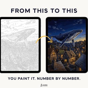 May include: Two tablets displaying a paint-by-number project. The left screen shows a grayscale outline of a whale over a village. The right screen shows the completed, colorful version. Text reads: FROM THIS TO THIS, YOU PAINT IT. NUMBER BY NUMBER.