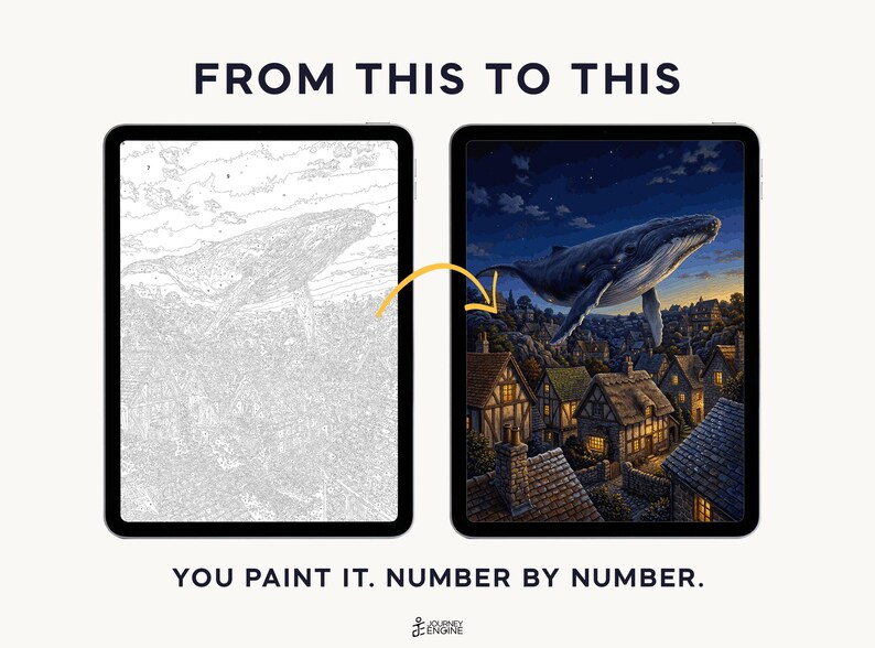 May include: Two tablets displaying a paint-by-number project. The left screen shows a grayscale outline of a whale over a village. The right screen shows the completed, colorful version. Text reads: FROM THIS TO THIS, YOU PAINT IT. NUMBER BY NUMBER.