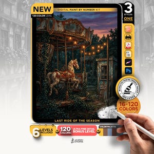 May include: A digital paint by number kit titled Last Ride of the Season featuring a carousel horse in a dark, overgrown setting. The kit includes 120 colors, 6 levels, and an interactive progress tracker. Icons for various file formats are visible.