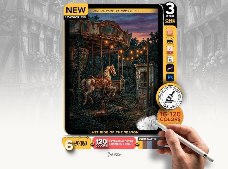 May include: A digital paint by number kit titled Last Ride of the Season featuring a carousel horse in a dark, overgrown setting. The kit includes 120 colors, 6 levels, and an interactive progress tracker. Icons for various file formats are visible.