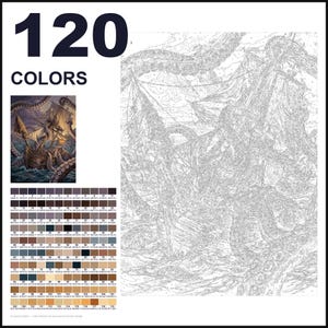 May include: A paint-by-numbers kit featuring 120 colors and a large outline drawing of a sailing ship being attacked by a giant octopus. The set includes a small color reference image and a grid of 120 numbered color swatches for painting.
