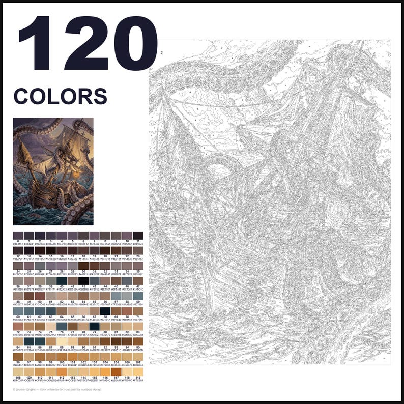 May include: A paint-by-numbers kit featuring 120 colors and a large outline drawing of a sailing ship being attacked by a giant octopus. The set includes a small color reference image and a grid of 120 numbered color swatches for painting.