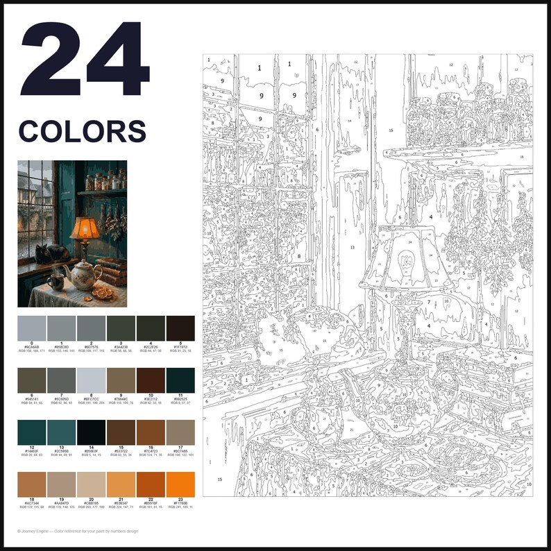 May include: A paint-by-numbers kit featuring 24 colors and a numbered outline of a cozy interior scene. The image displays a table with a teapot, a lamp, and a cat near a window, accompanied by a color palette guide with RGB values.