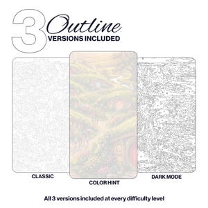 May include: Three paint-by-number outline versions labeled Classic, Color Hint, and Dark Mode. The Classic and Dark Mode versions show black line art with numbered sections. The Color Hint version displays a soft, full-color landscape scene.