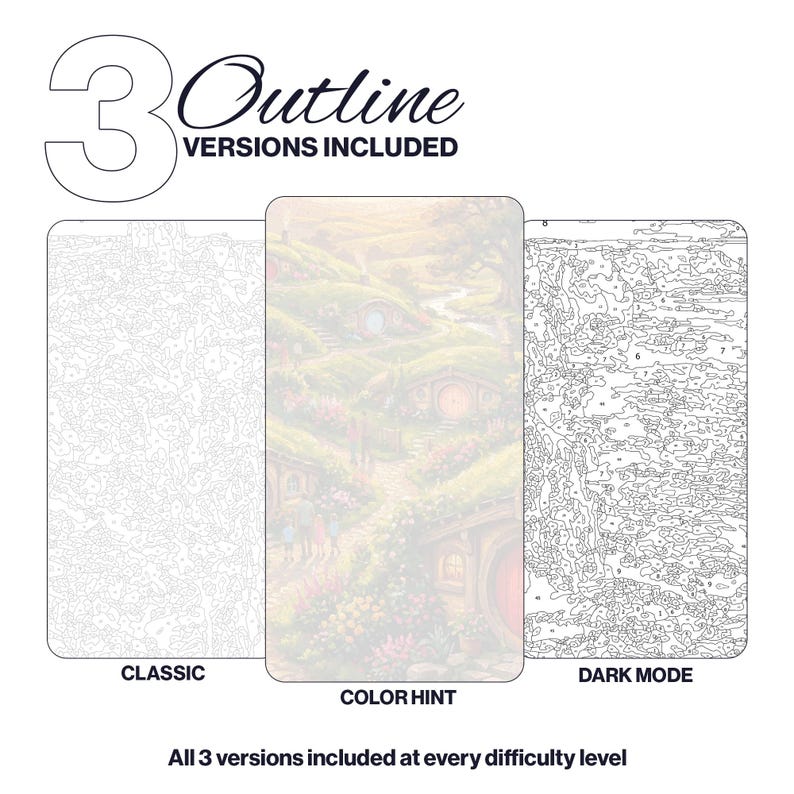 May include: Three paint-by-number outline versions labeled Classic, Color Hint, and Dark Mode. The Classic and Dark Mode versions show black line art with numbered sections. The Color Hint version displays a soft, full-color landscape scene.
