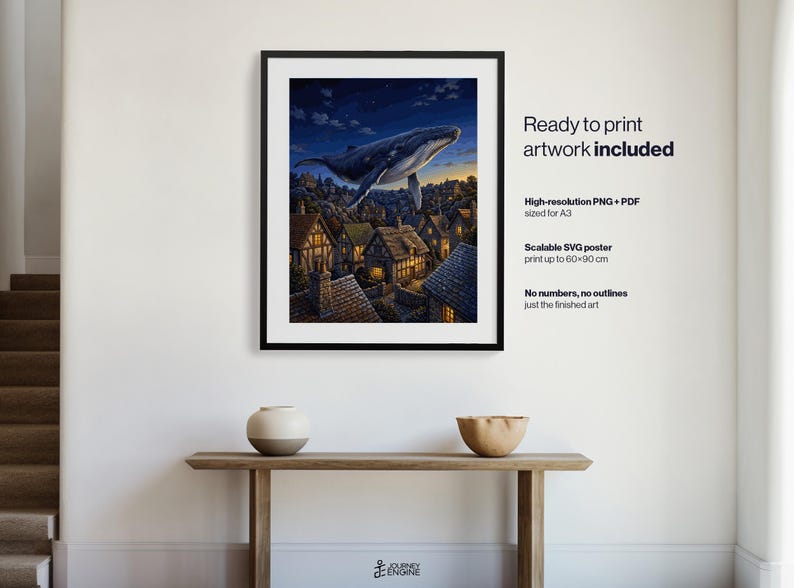 May include: A framed digital art print featuring a large whale swimming through a night sky above a village of small houses with glowing windows. The text on the right reads: Ready to print artwork included, High-resolution PNG + PDF sized for A3, Scalable SVG poster print up to 60x90 cm, No numbers, no outlines just the finished art.