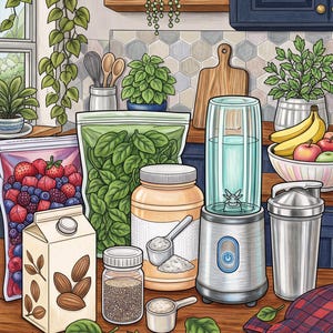 May include: A kitchen counter scene featuring a silver personal blender, a stainless steel shaker bottle, a carton of almond milk, a bag of mixed berries, a bag of spinach, a jar of protein powder with a scoop, and a small jar of seeds.