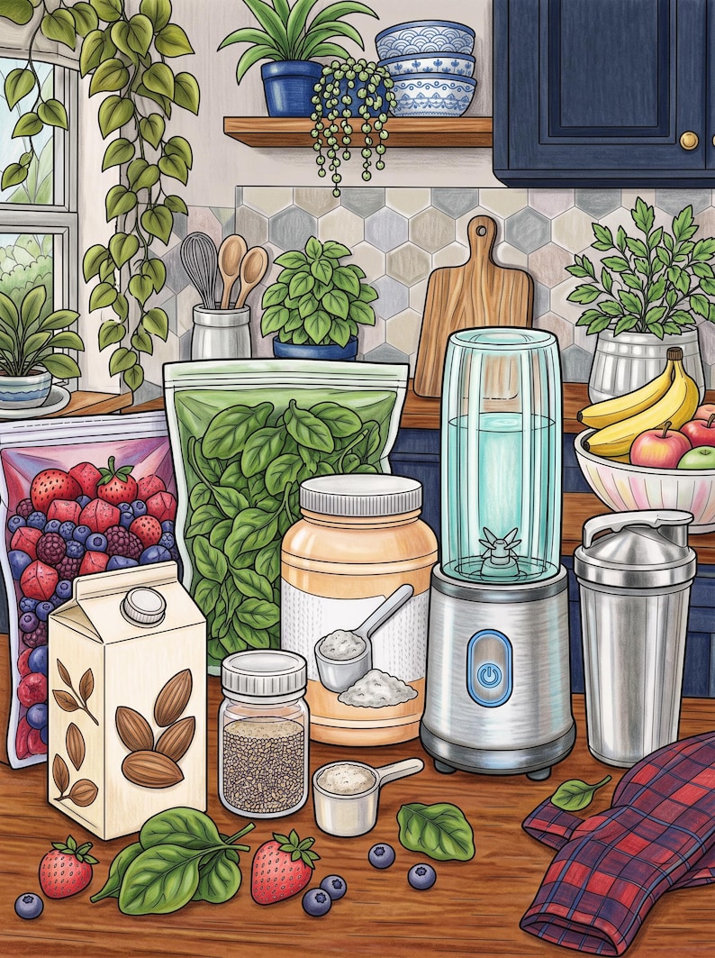 May include: A kitchen counter scene featuring a silver personal blender, a stainless steel shaker bottle, a carton of almond milk, a bag of mixed berries, a bag of spinach, a jar of protein powder with a scoop, and a small jar of seeds.