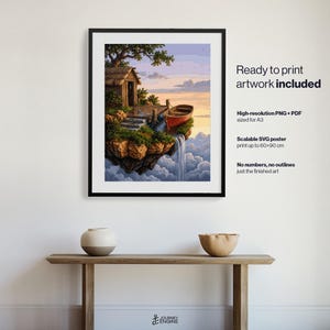 May include: A framed digital art print featuring a small wooden cabin and a red boat on a floating island above clouds, with a waterfall cascading into the sky. Text on the right reads: Ready to print artwork included, High-resolution PNG + PDF sized for A3, Scalable SVG poster print up to 60x90 cm, No numbers, no outlines just the finished art.