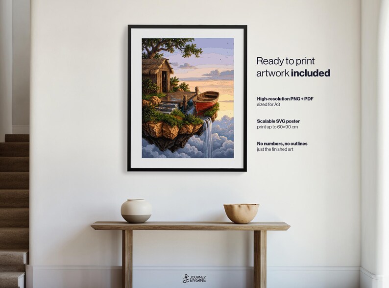 May include: A framed digital art print featuring a small wooden cabin and a red boat on a floating island above clouds, with a waterfall cascading into the sky. Text on the right reads: Ready to print artwork included, High-resolution PNG + PDF sized for A3, Scalable SVG poster print up to 60x90 cm, No numbers, no outlines just the finished art.