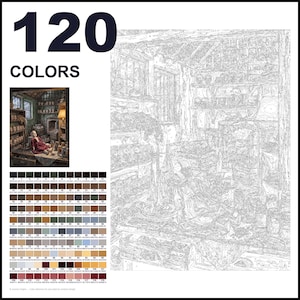 May include: A paint-by-numbers kit featuring a detailed line drawing of a cluttered workshop interior with shelves, tools, and a seated figure. The image includes a small color reference photo, a grid of 120 numbered color swatches, and the text 120 COLORS.