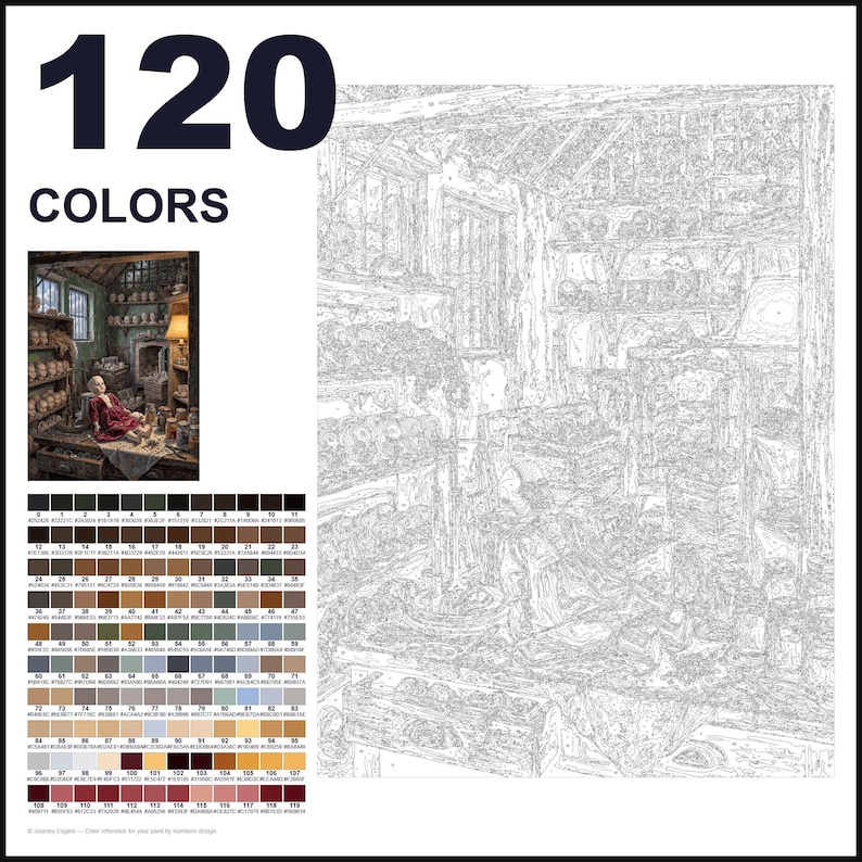 May include: A paint-by-numbers kit featuring a detailed line drawing of a cluttered workshop interior with shelves, tools, and a seated figure. The image includes a small color reference photo, a grid of 120 numbered color swatches, and the text 120 COLORS.