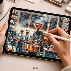 May include: A digital tablet displaying a pixel art illustration of a coffee roasting shop. The scene features a large copper-colored roaster with rising steam, a person working at a counter, and shelves filled with items. The logo Journey Engine is visible at the bottom center of the screen.