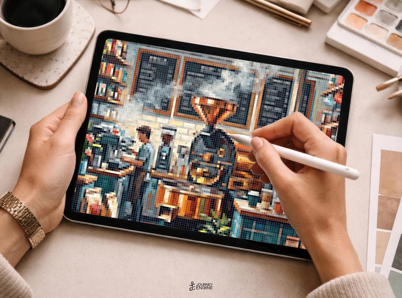 May include: A digital tablet displaying a pixel art illustration of a coffee roasting shop. The scene features a large copper-colored roaster with rising steam, a person working at a counter, and shelves filled with items. The logo Journey Engine is visible at the bottom center of the screen.