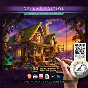 Digital Paint by Number Triptych Kit | Alchemist Cottage Laboratory | 90 Colors PBN | Whimsical Wall Art | 3 Panel | Instant Download