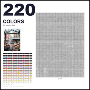 May include: A paint-by-numbers pattern featuring a large grid of 220 colors, 220 squares wide. The design includes a small color reference image of a flower market under a glass roof, a detailed color key, and a large gray-scale grid for painting.