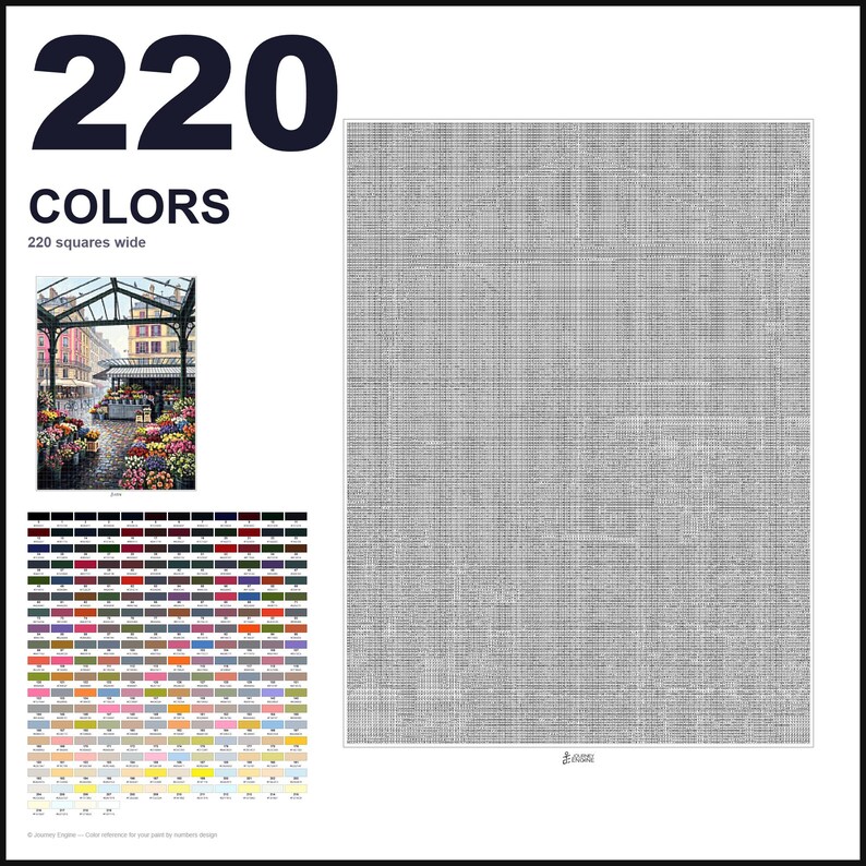 May include: A paint-by-numbers pattern featuring a large grid of 220 colors, 220 squares wide. The design includes a small color reference image of a flower market under a glass roof, a detailed color key, and a large gray-scale grid for painting.