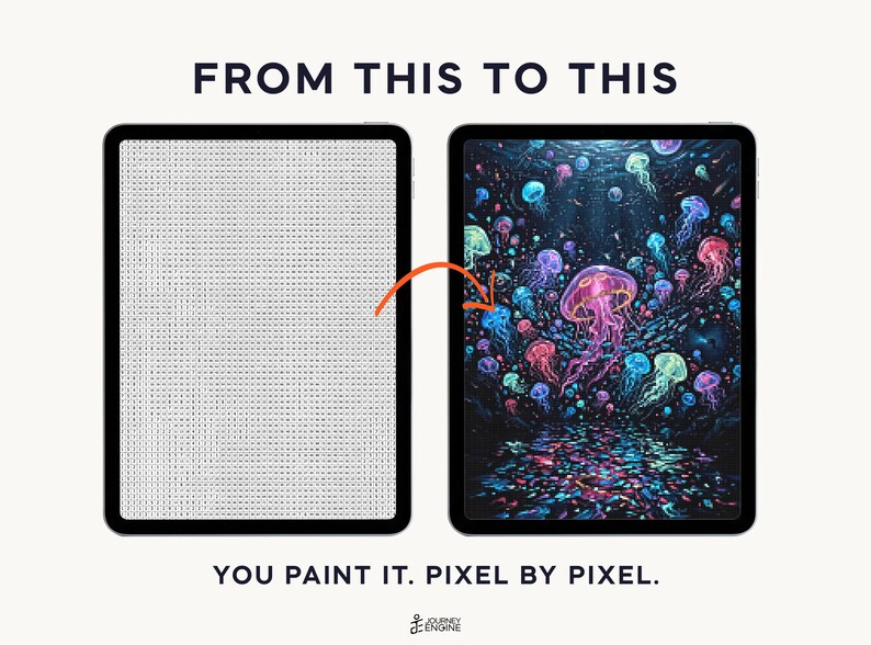 May include: Two tablets displaying a digital paint-by-number activity. The left tablet shows a grid of small letters, while the right tablet displays a finished, colorful illustration of glowing jellyfish in deep water. Text reads: FROM THIS TO THIS. YOU PAINT IT. PIXEL BY PIXEL.