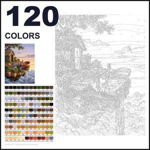 May include: A paint-by-numbers kit featuring 120 colors with a reference image of a cabin and boat on a floating cliff above clouds. The kit includes a numbered outline canvas showing a landscape with a small house, a boat, and a waterfall.