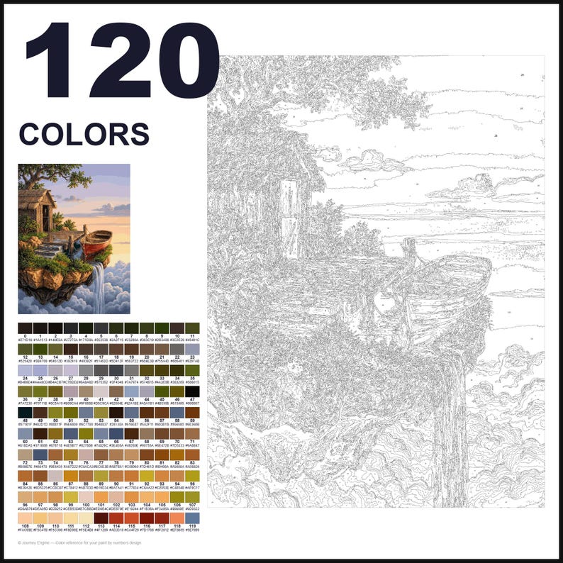 May include: A paint-by-numbers kit featuring 120 colors with a reference image of a cabin and boat on a floating cliff above clouds. The kit includes a numbered outline canvas showing a landscape with a small house, a boat, and a waterfall.