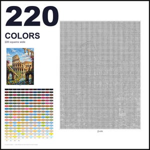 May include: A paint-by-numbers pattern featuring a large grid of 220 squares wide, a small color reference image of the Roman Colosseum, and a comprehensive chart of 220 distinct color swatches labeled with numbers for a detailed art project.