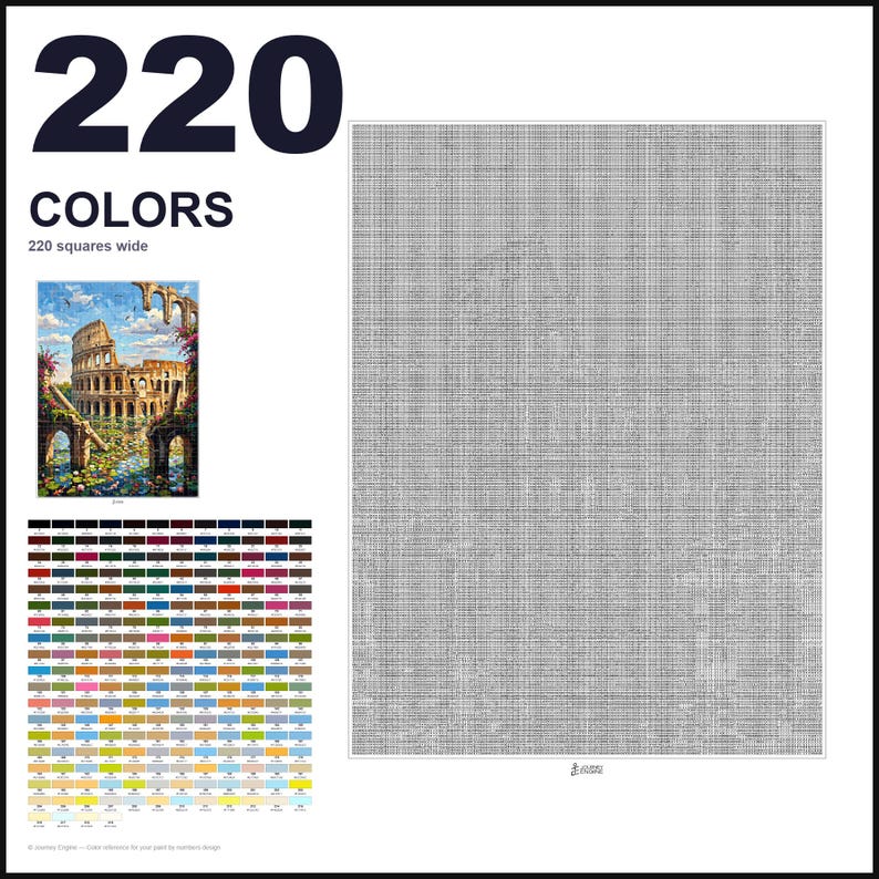 May include: A paint-by-numbers pattern featuring a large grid of 220 squares wide, a small color reference image of the Roman Colosseum, and a comprehensive chart of 220 distinct color swatches labeled with numbers for a detailed art project.