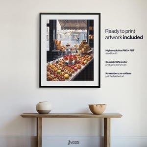 May include: A framed wall art print depicting a bakery interior filled with various colorful fruit tarts and pastries on display, with a vintage cash register and a street view visible through the window. Text on the right reads Ready to print artwork included, High-resolution PNG + PDF sized for A3, Scalable SVG poster print up to 60x90 cm, No numbers, no outlines just the finished art.