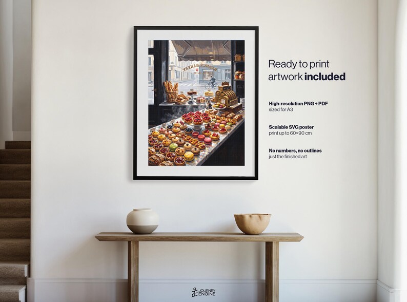 May include: A framed wall art print depicting a bakery interior filled with various colorful fruit tarts and pastries on display, with a vintage cash register and a street view visible through the window. Text on the right reads Ready to print artwork included, High-resolution PNG + PDF sized for A3, Scalable SVG poster print up to 60x90 cm, No numbers, no outlines just the finished art.