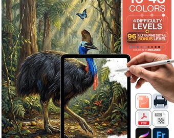 Australia Paint by Numbers Digital | 5 Levels 16-96 Colors | Svg Pdf Png Procreate | Daintree Rainforest Cassowary Bird Printable Wall Art