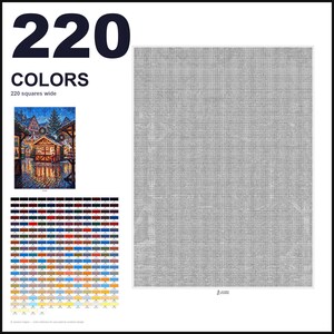 May include: A paint by numbers pattern featuring 220 colors and a 220 squares wide grid. The design includes a small color reference image of a Christmas market scene at night, a large grid of grey squares, and a detailed color key with 220 numbered swatches.