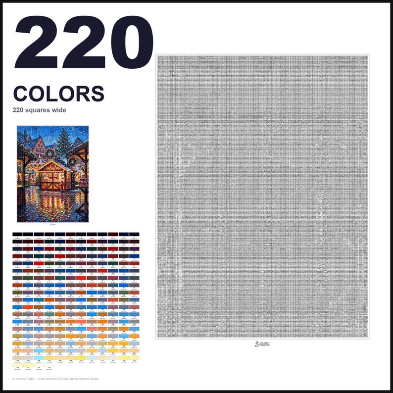 May include: A paint by numbers pattern featuring 220 colors and a 220 squares wide grid. The design includes a small color reference image of a Christmas market scene at night, a large grid of grey squares, and a detailed color key with 220 numbered swatches.