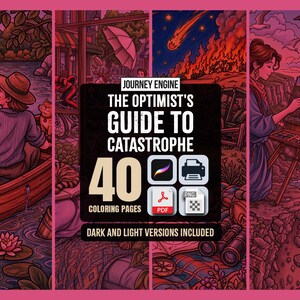 May include: A digital colouring book titled Journey Engine The Optimist's Guide to Catastrophe featuring 40 colouring pages in dark and light versions. The cover displays four distinct illustrations in shades of pink and red, including a person in a boat, a city scene, a meteor, and an artist painting by the sea.