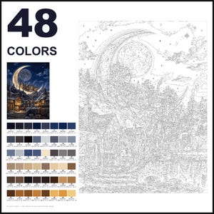 May include: A paint-by-numbers kit featuring 48 colors, a small reference image of a crescent moon over a village, and a large outlined canvas with numbered sections depicting a moonlit village scene with houses, trees, and a bridge.