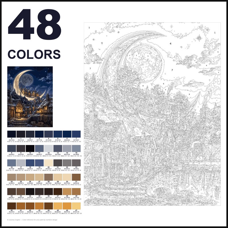 May include: A paint-by-numbers kit featuring 48 colors, a small reference image of a crescent moon over a village, and a large outlined canvas with numbered sections depicting a moonlit village scene with houses, trees, and a bridge.