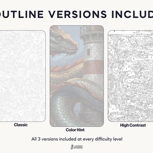 May include: Three paint-by-number templates labeled 3 OUTLINE VERSIONS INCLUDED. The left is a light gray Classic outline, the center is a Color Hint version showing a dragon and lighthouse, and the right is a dark High Contrast outline.