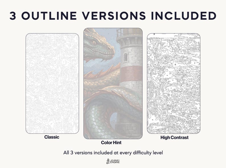 May include: Three paint-by-number templates labeled 3 OUTLINE VERSIONS INCLUDED. The left is a light gray Classic outline, the center is a Color Hint version showing a dragon and lighthouse, and the right is a dark High Contrast outline.