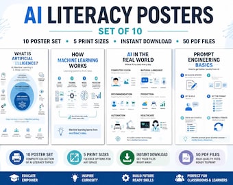 AI Literacy Posters Set of 10 | Computer Science Classroom Decor | Machine Learning STEM Tech Education | Printable Instant Download