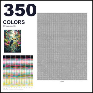May include: A paint-by-numbers kit featuring a large gray grid pattern, a small color reference image of a toucan in a tropical jungle, and a comprehensive chart displaying 350 distinct color swatches labeled with numerical identifiers.