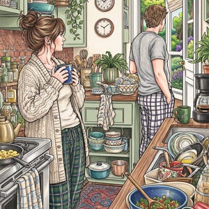 May include: A kitchen scene featuring a person in a cream cardigan and plaid trousers holding a blue mug, while another person stands by an open door. The room includes green cabinets, two wall clocks, a stove with a pan, and a sink filled with dishes.