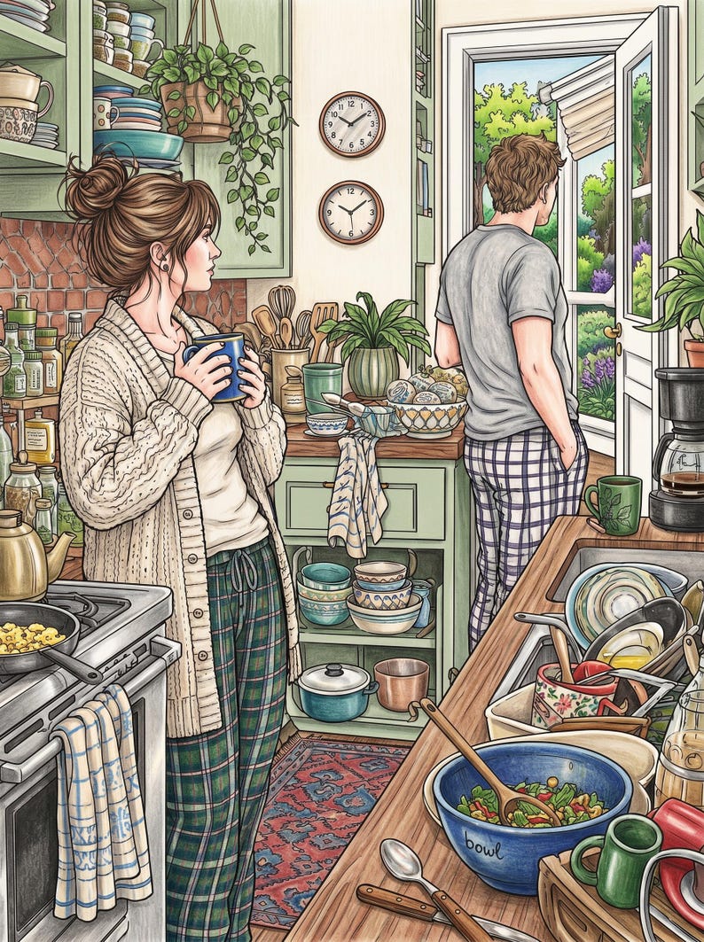 May include: A kitchen scene featuring a person in a cream cardigan and plaid trousers holding a blue mug, while another person stands by an open door. The room includes green cabinets, two wall clocks, a stove with a pan, and a sink filled with dishes.