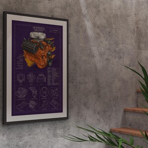 Op de afbeelding: Een ingelijste kunstprint met een technisch diagram van een oranje V8-motor op een donkerpaarse achtergrond. De print bevat gedetailleerde lijntekeningen van motoronderdelen, technische specificaties en de tekst 426 HEMI MAGNUM V8.