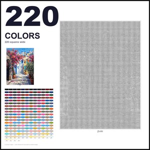May include: A paint-by-numbers pattern featuring a large grid of 220 squares wide, a small color reference image of a Mediterranean street scene with pink flowers, and a detailed chart of 220 distinct color swatches with corresponding numbers.