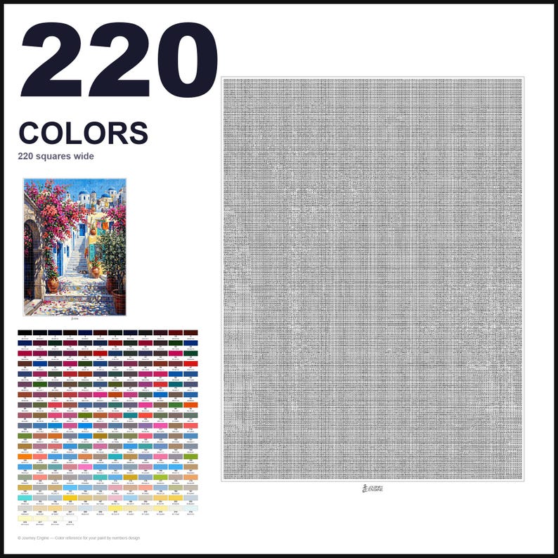 May include: A paint-by-numbers pattern featuring a large grid of 220 squares wide, a small color reference image of a Mediterranean street scene with pink flowers, and a detailed chart of 220 distinct color swatches with corresponding numbers.