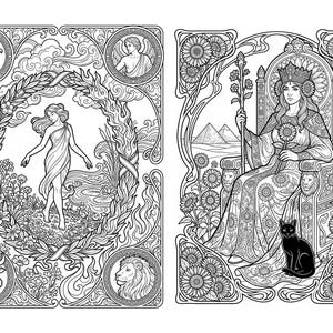 May include: A black and white line art illustration featuring two panels. The left panel shows a figure walking through a floral wreath with an eagle, a lion, a bull, and a person in circular frames. The right panel depicts a crowned figure on a throne.