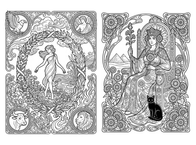 May include: A black and white line art illustration featuring two panels. The left panel shows a figure walking through a floral wreath with an eagle, a lion, a bull, and a person in circular frames. The right panel depicts a crowned figure on a throne.