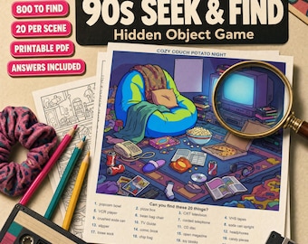 Zoek- en vindspel voor tienerkamers uit de jaren 90 | Puzzel met verborgen voorwerpen (digitale download)