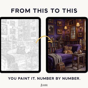 Puede incluir: Dos tabletas muestran un proyecto de pintura por n&uacute;meros. La pantalla izquierda muestra un dibujo lineal en escala de grises de un interior de biblioteca, mientras que la derecha muestra la versi&oacute;n a color. Texto: FROM THIS TO THIS. YOU PAINT IT. NUMBER BY NUMBER.