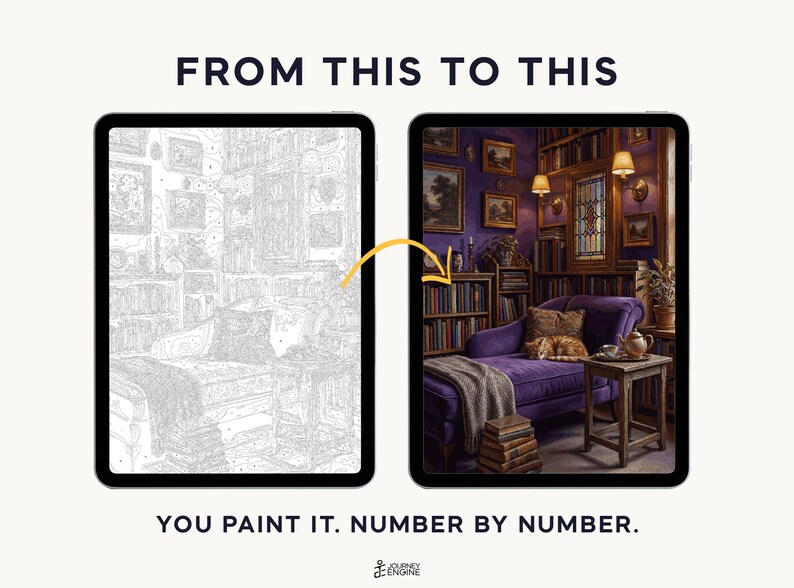 Puede incluir: Dos tabletas muestran un proyecto de pintura por n&uacute;meros. La pantalla izquierda muestra un dibujo lineal en escala de grises de un interior de biblioteca, mientras que la derecha muestra la versi&oacute;n a color. Texto: FROM THIS TO THIS. YOU PAINT IT. NUMBER BY NUMBER.