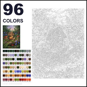May include: A paint-by-numbers kit featuring a large outline drawing of a forest scene with a snail house, accompanied by a small colored reference image and a grid of 96 numbered color swatches with corresponding hex codes for painting.