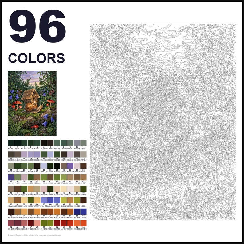 May include: A paint-by-numbers kit featuring a large outline drawing of a forest scene with a snail house, accompanied by a small colored reference image and a grid of 96 numbered color swatches with corresponding hex codes for painting.